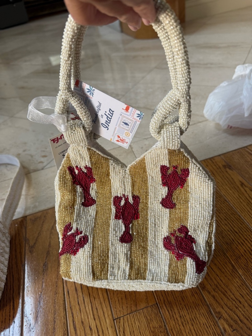 Viral beaded Hand-Beaded Lobster Stripe Mini Tote - Cream & Gold bag new